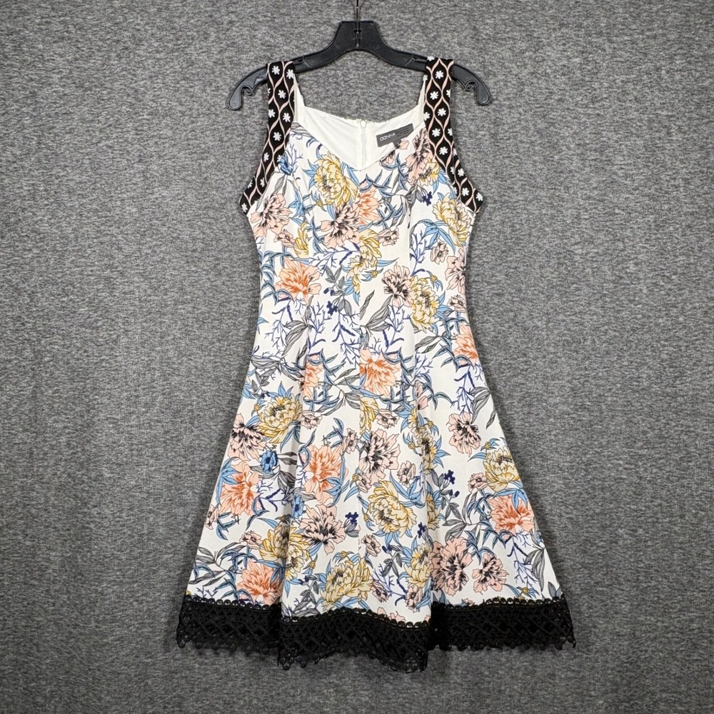 Donna Ricco Floral Fit Flare Dress Black Lace Trim V-Neck White Multi Size 6